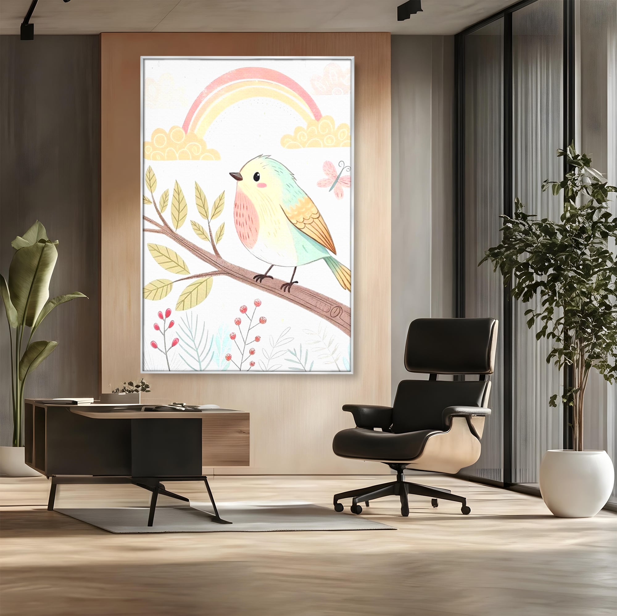 Tablou canvas cu tablou canvas cu pasare pe ramura, in rama de aluminiu argintiu, pe perete intr-un birou